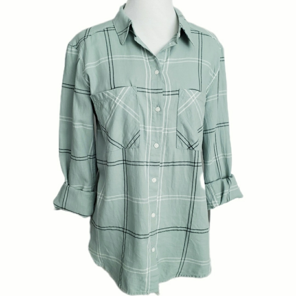 New H&M Divided Green Checkered Button Down Long Sleeves Cotton Shirt sz 4